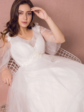 A-Line Wedding Dresses V Neck Floor Length Lace Satin Tulle Half Sleeve Formal Plus Size with Pearls Beading Appliques