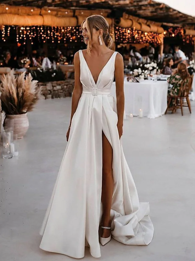 A-Line Wedding Dresses V Neck Court Train Satin Sleeveless Simple Sexy with Sashes  Ribbons Split Front