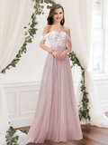 A-Line Off Shoulder Floor Length Chiffon  Lace Bridesmaid Dress with Pleats  Appliques