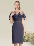 Convertible Elegant Wedding Guest Cocktail Party Dress Strapless Short Sleeve Knee Length Lace with Lace Insert Appliques