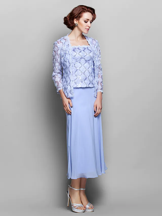 Mother of the Bride Dress Wrap Included Straps Tea Length Chiffon Lace Long Sleeve with Lace