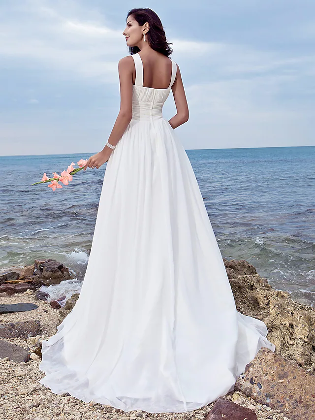 A-Line Wedding Dresses Jewel Neck Chiffon Regular Straps Formal Beach Plus Size with Ruched Draping