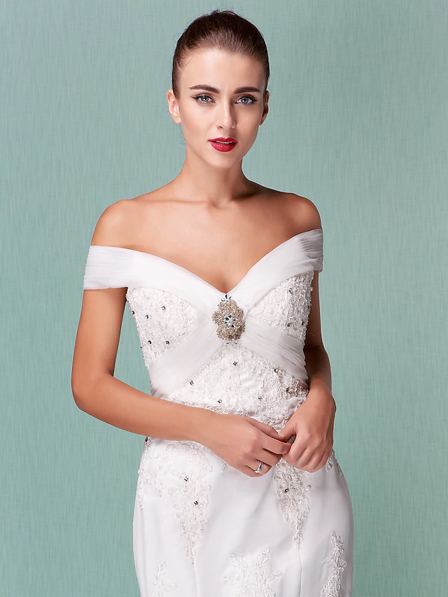 Wedding Dresses Off Shoulder Chapel Train Organza Short Sleeve with Beading Appliques Crystal Floral Pin
