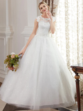 Ball Gown Wedding Dresses Jewel Neck Floor Length Lace Over Tulle Cap Sleeve Romantic Illusion Detail with Beading Appliques