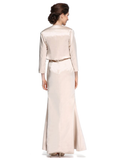 Mother of the Bride Dress Elegant Square Neck Ankle Length Satin  Length Sleeve with Lace Ruched