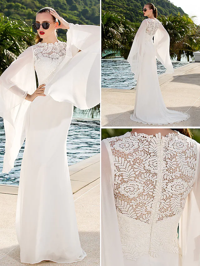 Wedding Dresses Jewel NeckLace Georgette Long Sleeve Beach Illusion Detail Backless with Lace