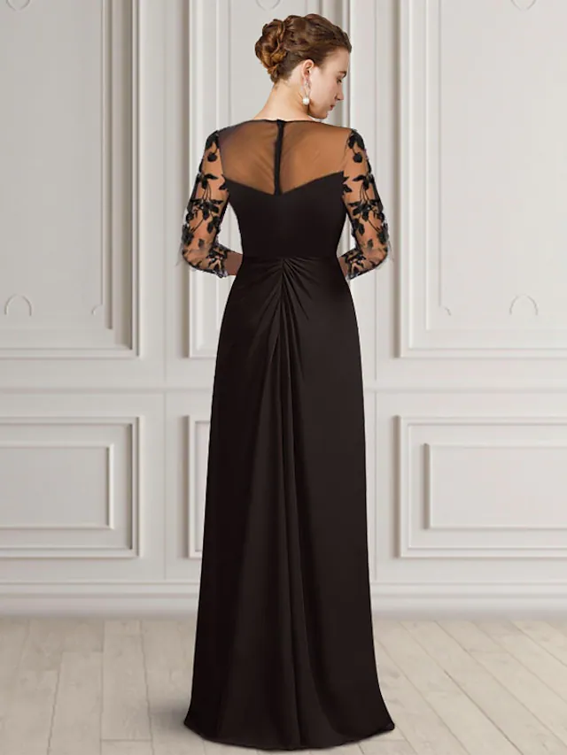 Mother of the Bride Dress Elegant Jewel Neck Floor Length Chiffon Lace 3/4 Length Sleeve with Appliques