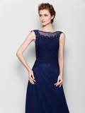 Mother of the Bride Dress See Through Scoop Neck Floor Length Chiffon Sleeveless with Criss Cross Appliques