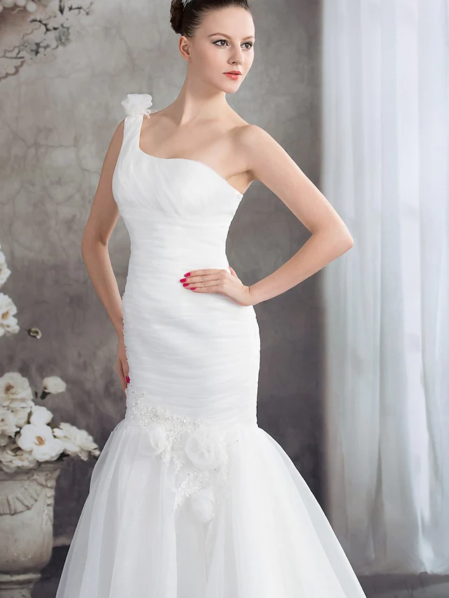 Wedding Dresses One Shoulder Court Train Organza Spaghetti Strap with Ruched Appliques