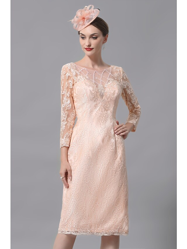 Mother of the Bride Dress Plus Size Sexy See Through Bateau Neck Knee Length Lace 3/4 Length Sleeve with Pleats Appliques