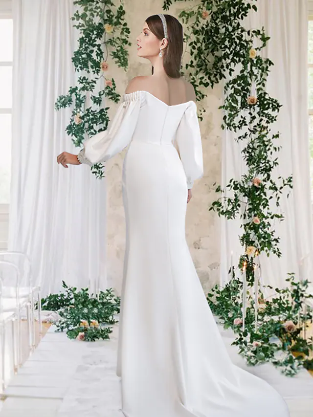 Wedding Dresses Off Shoulder  Stretch Fabric Half Sleeve Simple with Split Front