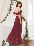 A-Line Off Shoulder Floor Length Chiffon Bridesmaid Dress with Pleats  Ruffles  Split Front