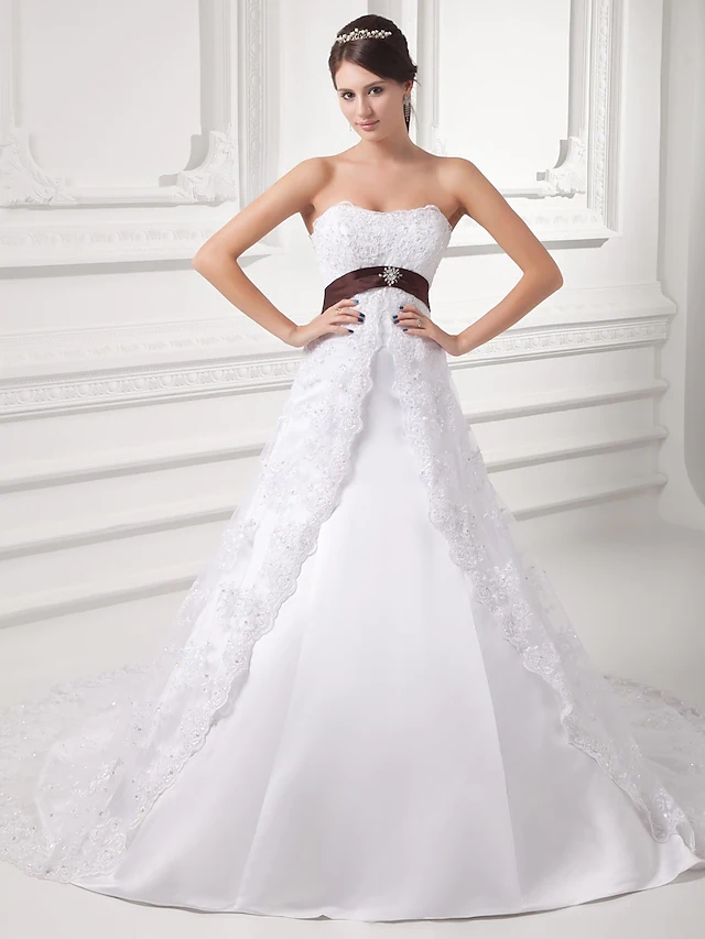 A-Line Wedding Dresses Strapless Chapel Train Lace Satin Tulle Strapless with Sashes  Ribbons Bow(s) Beading