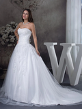 A-Line Wedding Dresses Strapless Court Train Lace Tulle Strapless with Beading Appliques