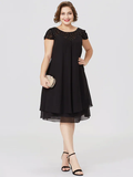 Mother of the Bride Dress Little Black Dress Plus Size See Through Jewel Neck Knee Length Chiffon Lace Short Sleeve with Pleats Beading Lace Insert