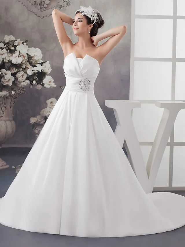 A-Line Wedding Dresses Strapless Chapel Train Satin Strapless with Ruched Beading Draping
