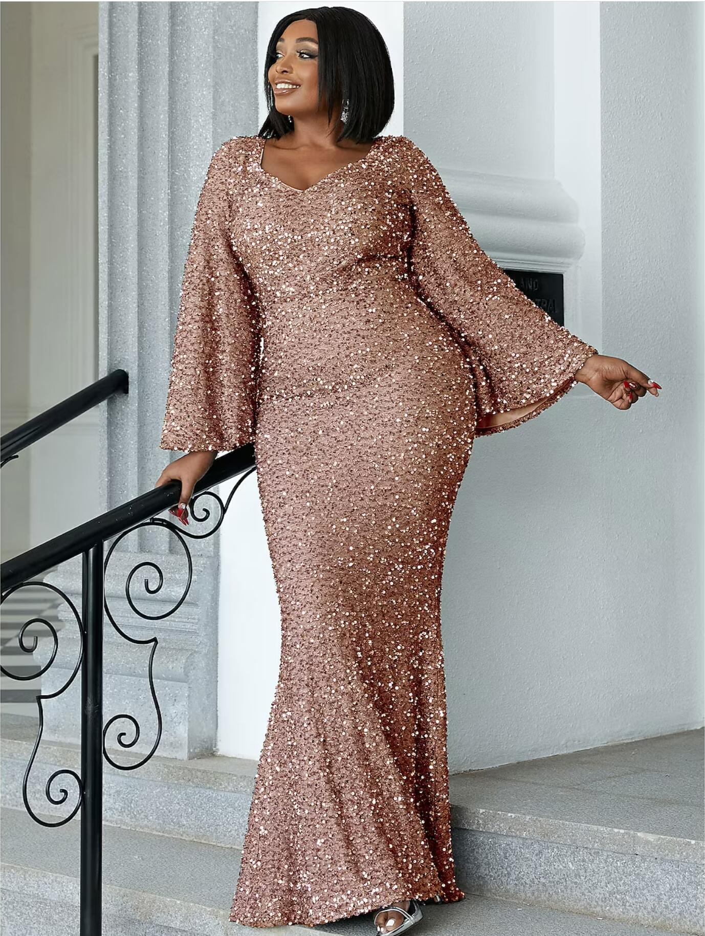 Wedding Guest Dresses Plus Size Dress Cocktail Party Floor Length Long Sleeve Scoop Neck Sequined with Glitter