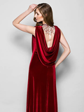 Mother of the Bride Dress Cowl Neck Floor Length Velvet Sleeveless with Crystals Beading