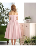 A-Line Elegant Vintage Engagement Cocktail Party Dress Off Shoulder Sleeveless Tea Length Stretch Fabric with Pleats