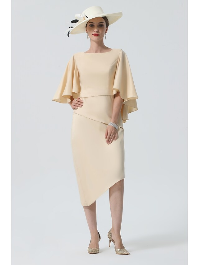 Mother of the Bride Dress Elegant Jewel Neck Knee Length Charmeuse Half Sleeve with Tier