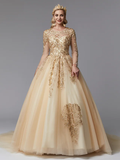 Ball Gown Wedding Dresses Jewel Neck  Lace Tulle Long Sleeve Glamorous See-Through Backless Modern with Beading Appliques