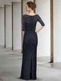 A-Line Mother of the Bride Dress Elegant Jewel Neck  Chiffon Lace Half Sleeve with Pleats