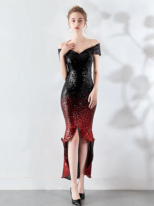 Sexy Wedding Guest Cocktail Party Dress Off Shoulder Sleeveless Asymmetrical Sequined with Sequin