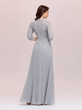 A-Line Mother of the Bride Dress Plus Size Elegant Jewel Neck Floor Length Chiffon Lace  Length Sleeve with Lace