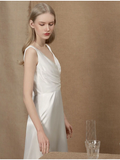 A-Line Wedding Dresses V Neck  Charmeuse Sleeveless Simple Vintage with Ruched