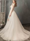 Princess A-Line Wedding Dresses Jewel Neck Lace Tulle Cap Sleeve Country Romantic with Pleats Appliques