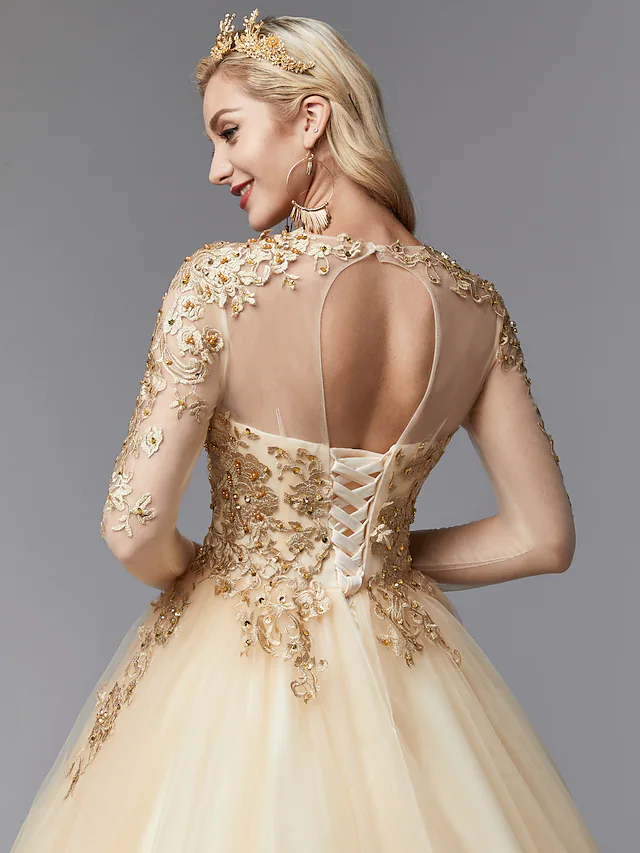 Ball Gown Wedding Dresses Jewel Neck  Lace Tulle Long Sleeve Glamorous See-Through Backless Modern with Beading Appliques