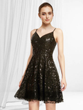 A-Line Glittering Sexy Homecoming Party Wear Dress V Neck Sleeveless Short  Mini Lace Sequined with Pleats Sequin