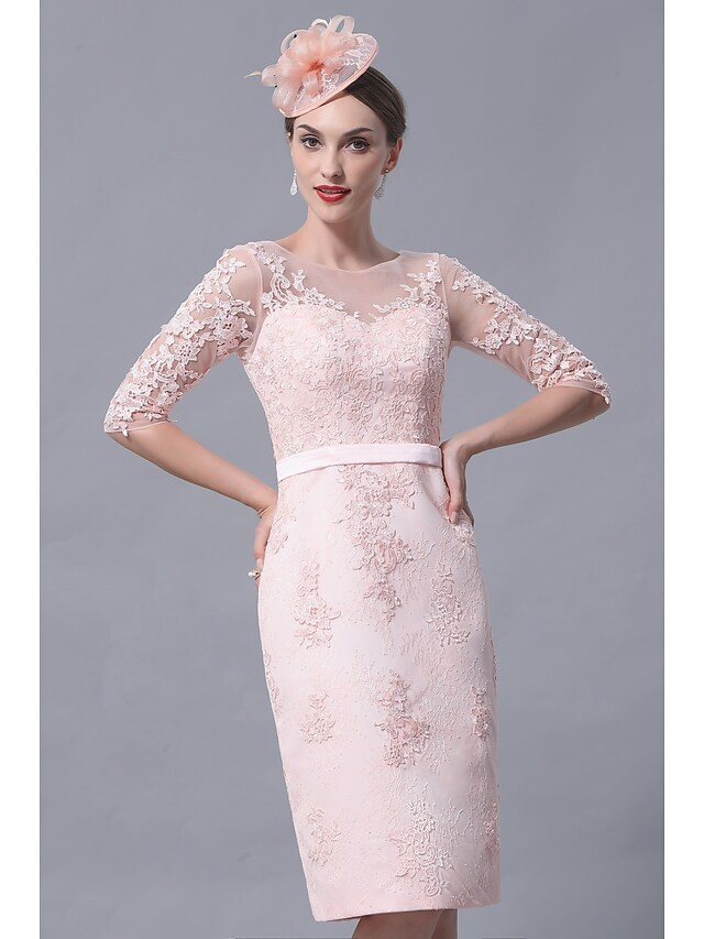 Mother of the Bride Dress Plus Size Elegant Vintage Bateau Neck Knee Length Chiffon Lace 3/4 Length Sleeve with Appliques