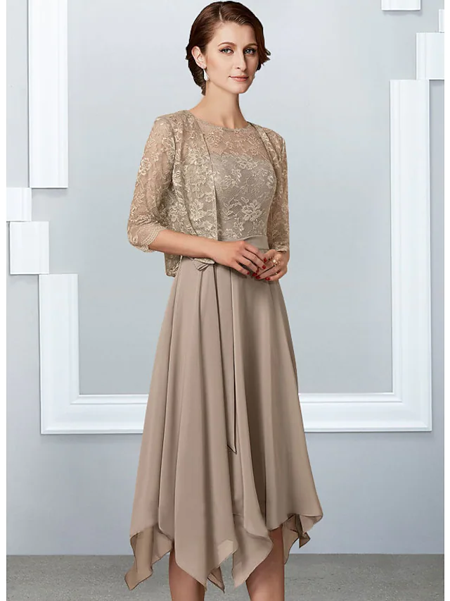 A-Line Mother of the Bride Dress Elegant Jewel Neck Tea Length Chiffon Lace Half Sleeve with Pleats