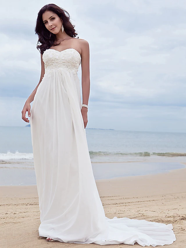 A-Line Wedding Dresses Sweetheart Neckline Court Train Chiffon Straple ...