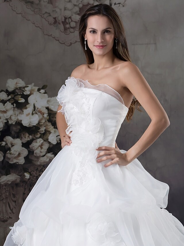 A-Line Wedding Dresses Strapless Chapel Train Organza Satin Strapless with Pick Up Skirt