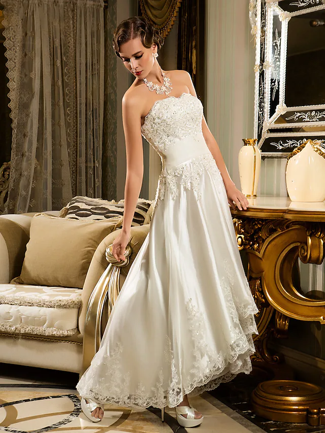 A-Line Wedding Dresses Strapless Asymmetrical Beaded Lace Strapless Vintage Illusion Detail with Appliques Button