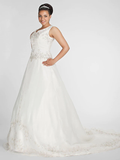 Ball Gown Wedding Dresses V Neck Court Train Organza Beaded Lace Regular Straps Formal Plus Size with Beading Embroidery