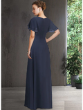 Mother of the Bride Dress Elegant V Neck Floor Length Chiffon Short Sleeve with Appliques Ruching