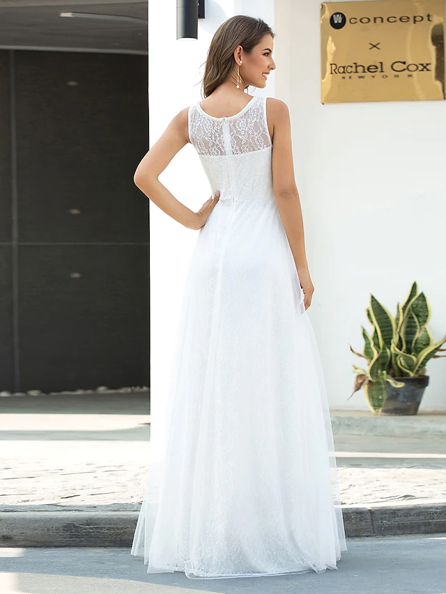 A-Line Wedding Dresses Jewel Neck Floor Length Lace Tulle Sleeveless Country Casual