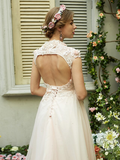 A-Line Wedding Dresses High Neck Sweep  Brush Train Tulle Short Sleeve Open Back with Bowknot Sash  Ribbon Beading