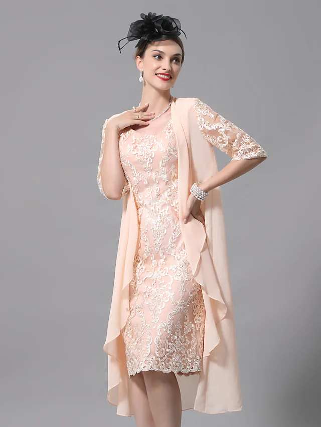 Two Piece A-Line Mother of the Bride Dress Wrap Included Jewel Neck Knee Length Lace Half Sleeve with Appliques