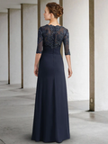 Mother of the Bride Dress Elegant Jewel Neck Floor Length Chiffon Lace Half Sleeve with Pleats Appliques