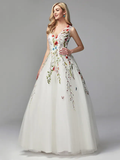 A-Line White Floral Quinceanera Formal Evening Valentine's Day Dress V Neck Sleeveless Floor Length Lace Tulle with Embroidery Appliques