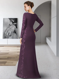 Mother of the Bride Dress Elegant Jewel Neck Floor Length Chiffon Lace Long Sleeve with Sash  Ribbon Appliques