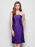 Mother of the Bride Dress Strapless Knee Length Lace Taffeta Sleeveless with Lace Pleats
