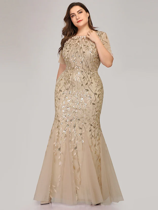 Plus Size Wedding Guest Formal Evening Dress Jewel Neck Short Sleeve Floor Length Tulle with Sequin Appliques   Illusion Sleeve