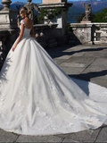 Ball Gown Wedding Dresses Jewel Neck Chapel Train Lace Tulle Lace Over Satin Cap Sleeve Glamorous Illusion Detail with Appliques