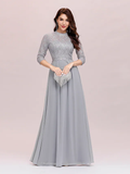 A-Line Mother of the Bride Dress Plus Size Elegant Jewel Neck Floor Length Chiffon Lace  Length Sleeve with Lace