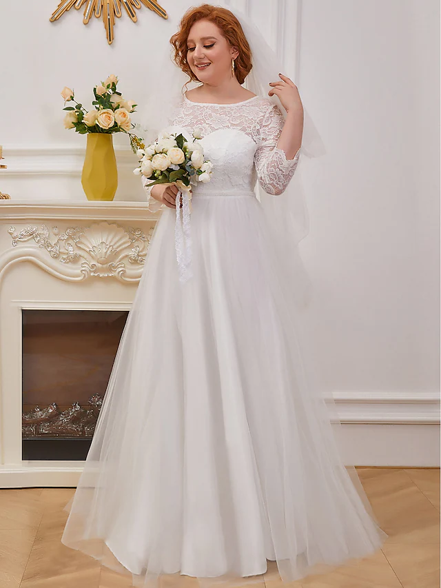 Elegant A-Line Jewel Neck Wedding Dress with Stretch Satin and Delicate Lace